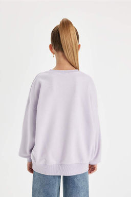 Сиреневый свитшот оверсайз с широким кроем и круглым вырезом с принтом для девочек - Defacto фото 6