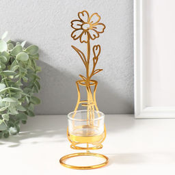 Подсвечник на 1 свечу металл, стекло Цветок в вазе, золото, d=4.5 см, 7.4?7.5?21 см