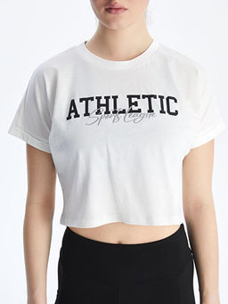 Bisiklet Yaka Bask?l? Crop Kad?n Spor Ti??rt