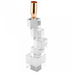 Подсвечник стеклянный "Кубизм" h28,5см, чаша металл д2,4см, h2см, отвинчивающаяся, основание 5,8х5,8см, прозрачный/золотой, в коробке (Китай)