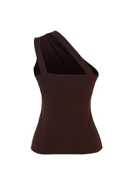 Kahverengi Fitted/Vucuda Oturan Asimetrik Yaka Kolsuz Dugmeli Scuba Krep Orme Bluz TWOSS26BZ00278