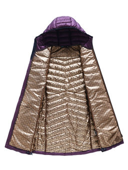 Куртка женская удлинённая стёганая с капюшоном и графеновой подкладкой темно-фиолетового цвета 9628_1TF