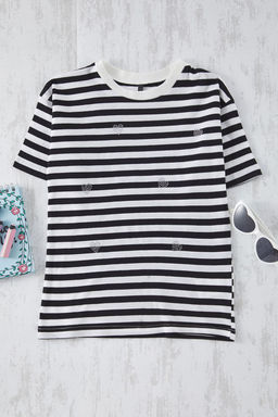 Siyah Cizgili K?z Cocuk %100 Pamuk Kalp Nak?sl? Oversze K?sa Kol Orme T-Shirt TKDSS25TS00036 - Trendyolmilla фото 5