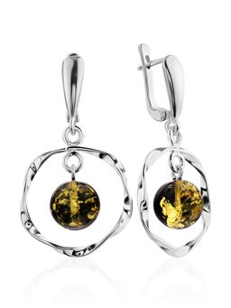 Эффектные серьги Рапсодия из серебра и янтаря зелёного цвета