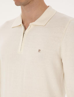 Ekru Slim Fit Polo Yaka Fermuarl_ Basic Triko Kazak - Pierre cardin фото 7