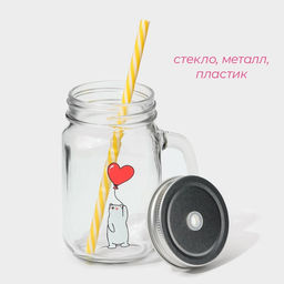 Кружка Доляна Медведь, 450 мл, 10?7.5?13 см, с крышкой и трубочкой, стекло  фото 3