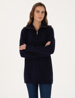 Lacivert Comfort Fit Fermuarl_ _al Yaka Kazak