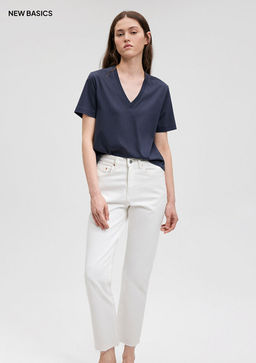 Pamuklu Merserize V Yaka Mavi Basic Tisort