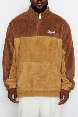 Camel Unisex Buyuk Beden Oversize/Genis Kesim Renk Bloklu Nak?sl? Pelus Sweatshirt TMNAW24AO00015 - Trendyolmilla фото 5
