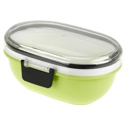 Ланч-бокс для продуктов пластмассовый Обед Люкс 18,5х14см h9см, 2 уровня: 0,3л, 17,8х11,5см h3,4см; 0,45л, 18,7х12,5см h6,1см, с ложкой 13,5см, крышка прозрачная, с клипсами, с уплотнителем, цвета в ассортименте: фисташковый, розовый, голубой (Кита - Домашняя мода фото 5