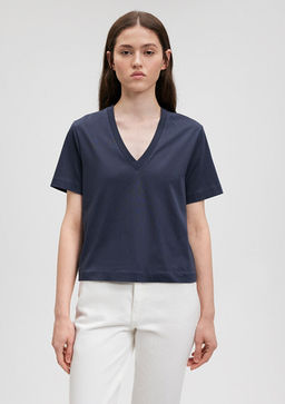 Pamuklu Merserize V Yaka Mavi Basic Tisort  фото 3