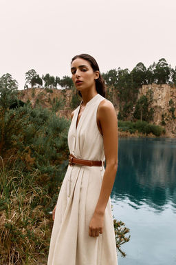 LINEN BLEND MIDI DRESS WITH BELT - Zara фото 6