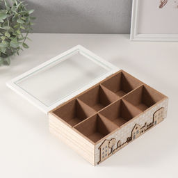 Шкатулка для чая 6 делений «Домики и деревья», дерево, 15.4×23.4×7.2 см