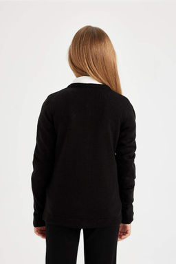 Черный школьный кардиган на пуговицах с круглым вырезом для девочек - Defacto фото 6