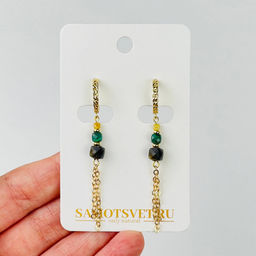 Серьги из золотистого Обсидиана, Малахита и Рутилового кварца