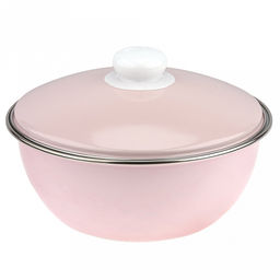 Миска эмалированная 2,5л, д23см, h9см, круглая, ободок из нержавеющей стали, розовый, с крышкой (Россия)
