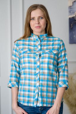 Туника женская со стойкой голубая клетка - Амадэль фото 4