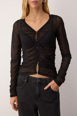 Siyah Buzgu/Drape Detayl? Fitted/Vucuda Oturan Dugmeli Orme Gomlek TWOAW26BZ00195