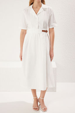 Trendyolmilla Lacivert A- Kesim Pili Ve Kemer Detayl? Poplin Astarl? Midi Dokuma Elbise TWOSS25EL00060  фото 3