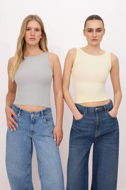 Siyah-Ekru Fitted/Vucuda Oturan Havuz Yaka Kolsuz Fitilli Esnek Orme Atlet TWOSS26AL00020 - Trendyolmilla фото 8