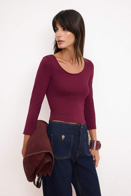 Bordo Fitted/Vucuda Oturan Havuz Yaka Ay Kol Truvakar Interlok Orme Bluz TWOSS26BZ00639