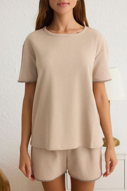 Trendyolmilla Bej Karyoka Dikis Detayl? Waffle Kumas Sortlu Orme Pijama Tak?m? THMSS25PT00157  фото 3