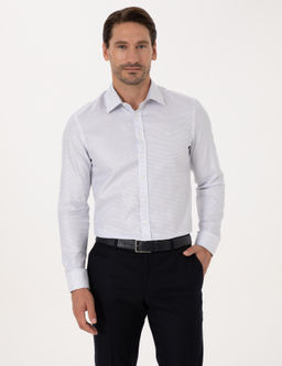 Beyaz Slim Fit %100 Pamuk Kareli G_mlek