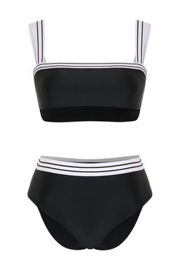 Siyah-Beyaz Bask?l? Balconette Brief Yuksek Bel Kaps?z Bikini Tak?m? TBESS26BT00204