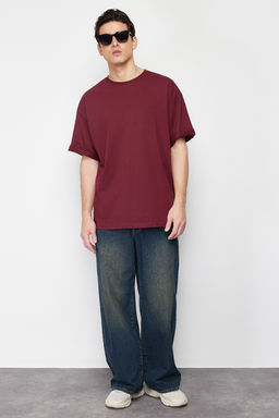 Bordo Oversize/Genis Kesim Basic %100 Pamuklu T-Shirt TMNSS22TS0318