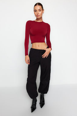 Bordo Dik Yaka Fitted/Vucuda Oturan Uzun Kol Buzgulu Esnek Orme Bluz TWOAW23EL01391