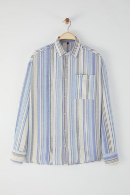 TRENDYOL MAN Mavi Regular Fit Dokulu Cizgili Keten Gorunumlu Yazl?k Gomlek TMNSS25GO00068