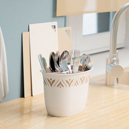 Подставка для столовых приборов пластмассовая "Эстетика" 19,5х13,5х13,5см, бело-бежевый (Россия)