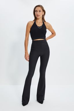 Siyah Ispanyol Paca Flare Bootcut Dokuma Kumas Pantolon TWOAW20PL0576