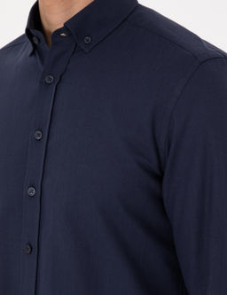 Koyu Lacivert Keten G_r_n_ml_ Slim Fit Uzun Kollu G_mlek
