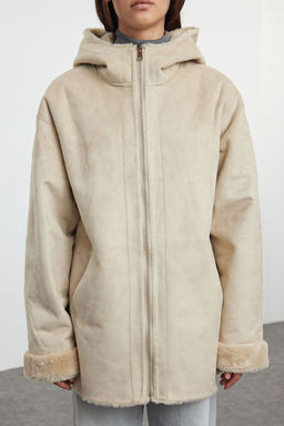 Ekru Oversize Cift Tarafl? Kapusonlu Suet-Pelus Mont TWOAW25MO00009 - Trendyolmilla фото 3