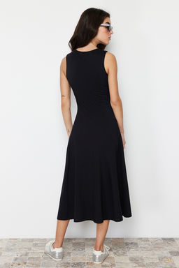 Siyah %100 Pamuk Skater/Belden Ac?lan Bisiklet Yaka Kolsuz Midi Orme Midi Elbise TWOSS24EL00193