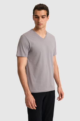 Erkek Regular Fit V Yaka Gri Basic Ti__rt