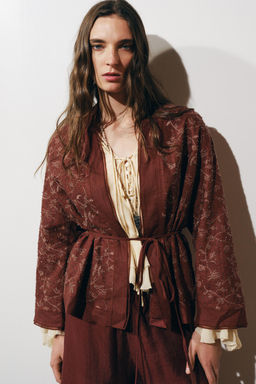 ZW COLLECTION EMBROIDERED LINEN BLEND KIMONO - Zara фото 2