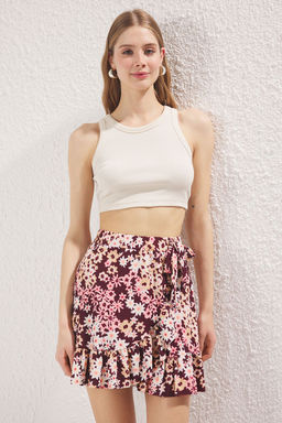 Kahverengi Bask?l? Volanl? Yuksek Bel Mini Esnek Orme Etek TWOSS21ET0010