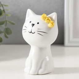 Фигурка керамика «Котик белый с жёлтыми цветочками на ушке, сидит», 7.2×6.5×10.3 см