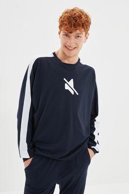 TRENDYOL MAN Lacivert Regular Fit Bask?l? Serit Detayl? Orme Pijama Tak?m? THMAW21PT0681 - Trendyolmilla фото 2