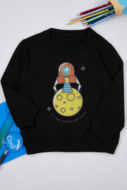 Siyah Erkek Cocuk Mevsimlik-Ince Uzay Desenli Bisiklet Yaka Orme Sweatshirt TKDAW25SW00005