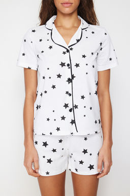 Trendyolmilla Beyaz %100 Pamuklu Y?ld?z Desenli Biyeli Sortlu Orme Pijama Tak?m? THMSS24PT00069  фото 3