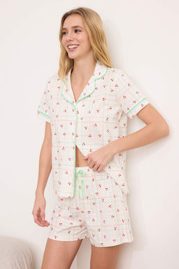 Beyaz Cok Renkli %100 Pamuklu Kiraz Desenli Biyeli Orme Pijama Tak?m? THMSS26PT00088