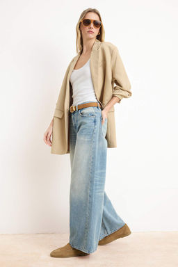 Premium Mavi Ozel Kumas DOKUMLU Yuksek Bel %100 Pamuk Wide Leg Jeans TWOSS26JE00136 - Trendyolmilla фото 2