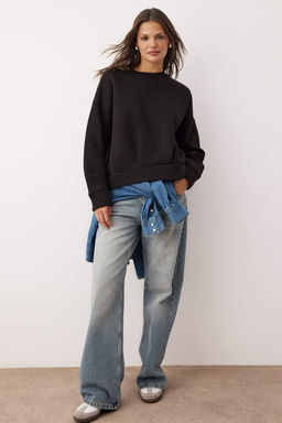 Siyah Oversize/Genis Kal?p Dikis Detayl? Kal?n Ici Polarl? Orme Sweatshirt TWOAW26SW00061 - Trendyolmilla фото 6