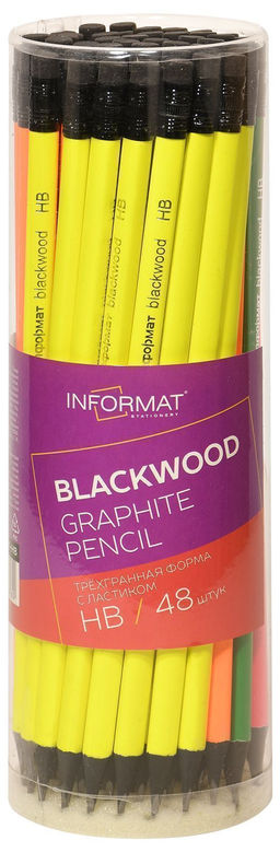 Цена за 5 шт. Карандаш чернографитный деревянный INFORMAT Blackwood НВ с ластиком, заточенный, трехгранн...