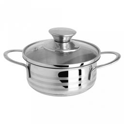 Кастрюля из нержавеющей стали Bimbo Vitro 0,7л, д12см, h6см, s0,5мм, дно s2,9мм, стеклянная крышка, ручки из нержавеющей стали, точечная сварка (Китай) Подходит для всех видов плит, включая индукционную.