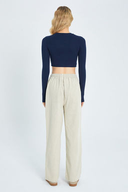 Bej Cep Detayl? Kot Gorunumlu Wide Leg/Genis Paca Dokuma Pantolon TWOSS25PL00076