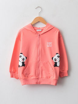 Kap??onlu Bask?l? Uzun Kollu K?z ?ocuk Fermuarl? Sweatshirt